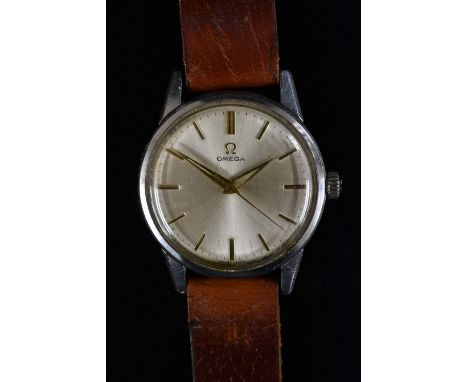 Omega - a vintage Seamaster wristwatch, silver dial, brass block batons, minute track, centre seconds, ridged hands, stainles