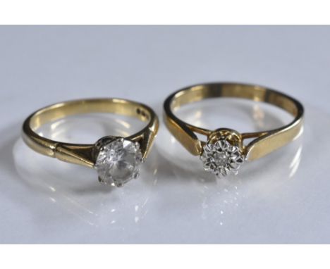 Rings - an illusion set diamond solitaire ring, 9ct gold shank, size N;  another Cz, 9ct gold shank, size K, 4.4g gross (2)