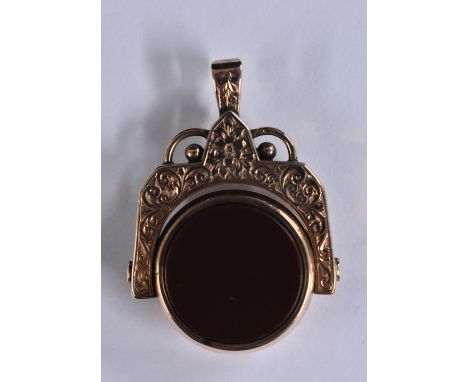 A Victorian 9ct rose gold bloodstone and sard swivel fob, Birmingham 1897, 7.7g gross