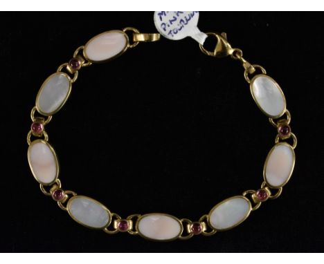 Orlap - a pink tourmaline and mother of pearl panel bracelet, 9ct gold frame, stamped OL, 375, 18.5cm long, 18.8g gross