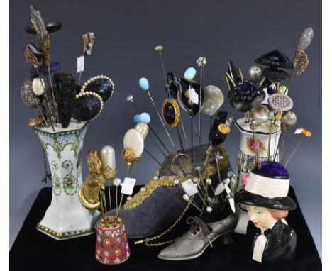 Hatpins, stands, stock pins and pin cushions -  quantity of hatpins to include French Jet set pins; beaded pins; faux pearl t