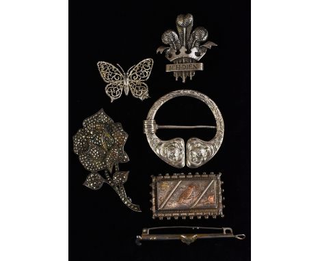 Jewellery - a Victorian Aesthetic Movement rectangular panel brooch, rose and yellow metal bird and butterflies upon a silver