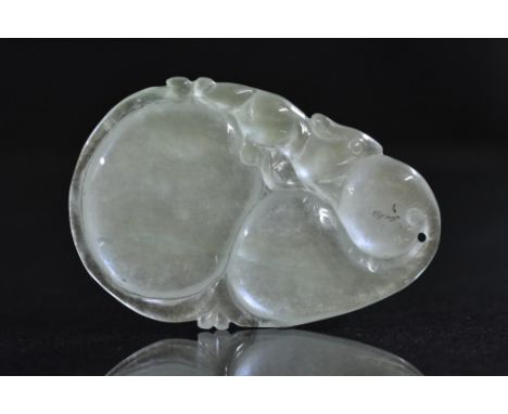 A carved jadeite panel, Rat on a Gourd and other Fruit, 43mm x 28mm, 14.9g 