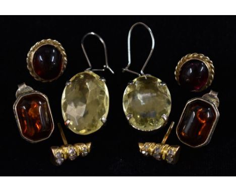 Earrings - a pair of 9ct gold oval red garnet cabochon earrings, rope twist frames, stamped 9ct, 2.9g gross;  a pair of rose 