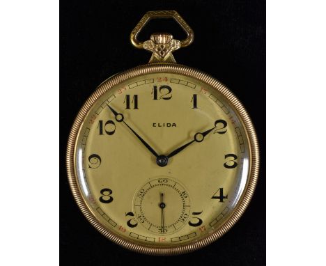 Elida - a 14ct gold cased open face pocket watch, textured dial, Arabic numerals, minute track, subsidiary seconds, blued rin