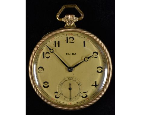 Elida - a 14ct gold cased open face pocket watch, textured dial, Arabic numerals, minute track, subsidiary seconds, blued rin