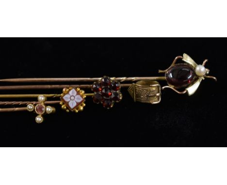 Tie pins - a Victorian jasper cameo head tie/stick pin, yellow metal frame and spiralled shaft, unmarked;  others Insect top,