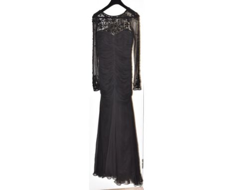 A contemporary black chiffon silk evening gown by Temperley of London, full length, beaded net sleeves and modesty panel, ruc