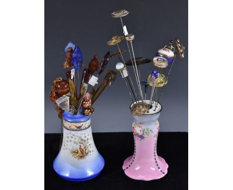 Hatpins and stands - a quantity of hatpins to include Charles Horner style silver topped pin, citrine coloured glass set; a S