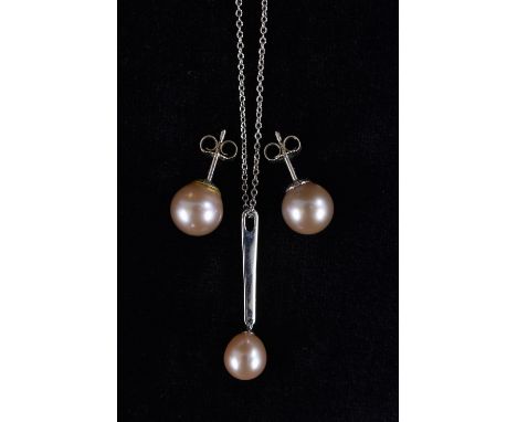 A pink cultured pearl necklace and earring suite, single pink droplet pearl and bar pendant with 18ct white gold mount, stamp