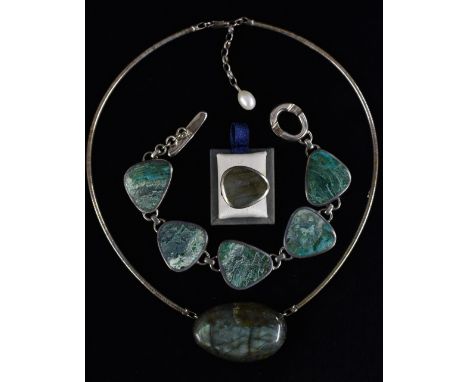 Orlap - a labradorite and silver choker necklace, Birmingham 2002, boxed; a similar dress ring;  a green banded chrysocolla a