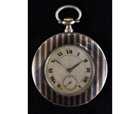 A Gentleman's Art Deco niello and rose gold striped pocket watch, silvered dial, bold Roman numerals, minute track, subsidiar