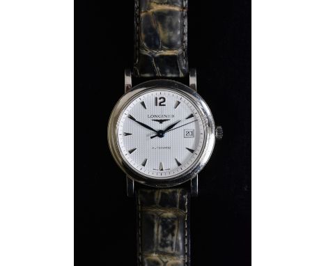 Longines - gentleman's Clous de Paris L2.684.4 automatic wristwatch, textured white dial, Arabic 12, arrow batons, date apert