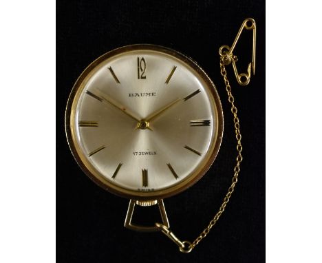 Baume  - a gold filled openface fob watch, brushed silvered dial, Arabic 12, ridged block batons. gilt arrow hands, manual wi