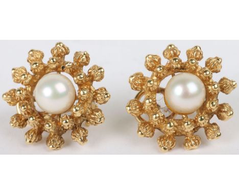 A pair of 18ct gold and pearl set earrings, 15mm wide total weight 15.97g, (2)