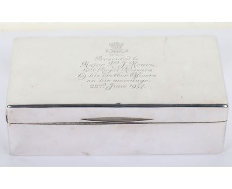 A 20th century silver cigarette box, London 1958, engraved Presented to Major K L Mears 10th Royal Hussars by his brother Off