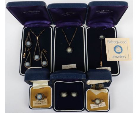 Eight Wedgwood jewellery items, including two rings, earrings, necklaces, stick pins, (in six Wedgwood boxes)