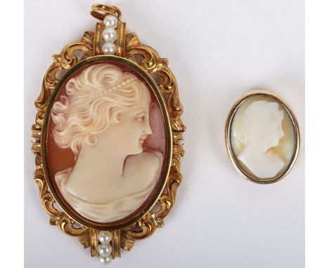 A continental 18ct gold and seed pearl framed cameo, with a gold (untested) cameo ring section, cameo 4.5cmL, (2)