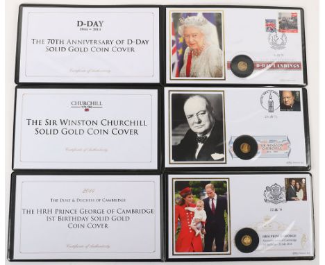 Six Jubilee Mint 9ct gold coin covers, including Prince George, D-Day, Churchill, Great War, Year of Three Kings, QEII, each 