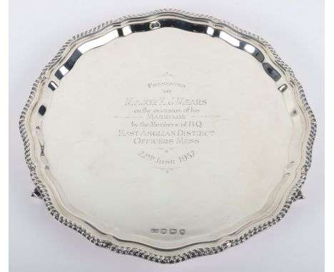 A 20th century silver salver, Sheffield 1955, engraved Presented to Major K Mears on the occasion of his Marriage by the Memb