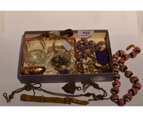 A small selection of misc vintage jewellery including plaited rolled gold belt bracelet, white metal watch chain, ceramic bea