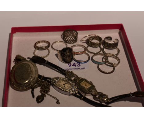 A small selection of white metal jewellery including two vintage cocktail watches set with paste and marcasite decoration. Ov