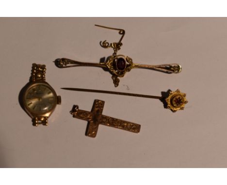 A small selection of 9ct gold  and yellow metal stamped 9ct including cross pendant, bar brooch, stick pin watch (AF), GW app