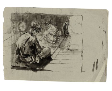 Patrick George,&nbsp;British 1923-2016 -&nbsp;Young men in the hull of a ship;&nbsp;ink on paper, 20.2 x 28.7 cm: together wi