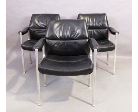 Miller Borgsen for R&ouml;der S&ouml;hne, set of three lounge chairs, c.1966, with black leather upholstered seats on alumini