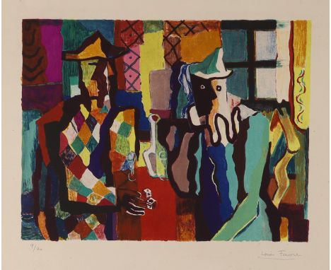 Louis Favre,  French 1892-1956,  Les Joueurs;   lithograph in colours on wove, signed and numbered 9/40 in pencil,  sheet: 65