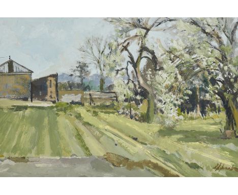Percy Horton,&nbsp;British 1897-1970 -&nbsp;Countryside scene (with 'Village scene' on the reverse);&nbsp;gouache on card wit