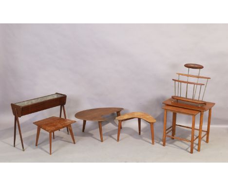 A group of mid-century furniture, comprising: a Utility teak boomerang table, a further teak kidney shaped side table, a teak