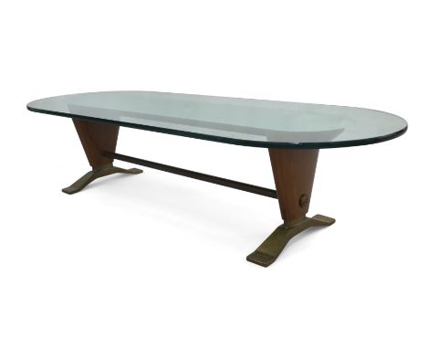 Manner of Paolo Buffa, an Italian oval glazed coffee table, c.1940/50, mirrored glass, mahogany, brass, 42.5cm high, 181cm wi