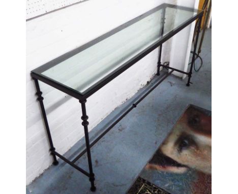 OKA CONSOLE TABLE, the glass top on a metal base, 40cm x 83cm H x 161cm.