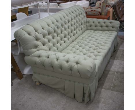 SOFA, contemporary pale green silk twill buttoned upholstered, 203cm W.