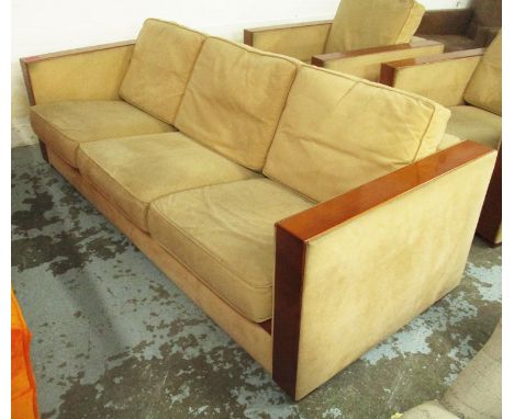 LIGNE ROSET SOFA, three seater, Art Deco style in suede with wood and suede arms, 219cm L (with faults).