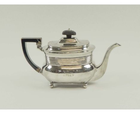 GEORGE III SILVER TEAPOT, with ebonised handle and knop, London 1808 maker Thomas Robins, total weight 19ozt, 28cm x 16cm H. 