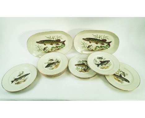 CONTINENTAL FISH SERVICE, Bavarian ceramic, comprising twelve dinner plates and two serving platters, all decorated various f