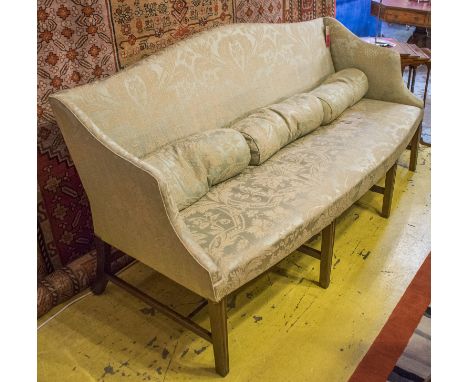 SOFA, George III mahogany in green damask on square channelled legs (parts later), 197cm L. (with faults)