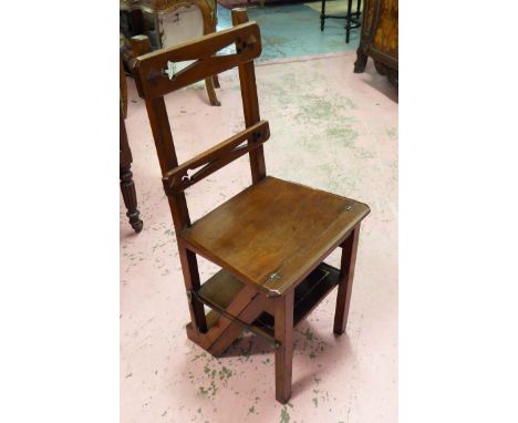 METAMORPHIC STEP LADDER/CHAIR, late Victorian walnut with inlaid tooled red leather treads steps, 88cm H x 42cm x 60cm D.