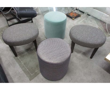 STOOLS, a pair, oval with grey and silver patterned upholstery, 56cm x 45cm H x 45cm, a green pouffe 41cm diam x 47cm H and a