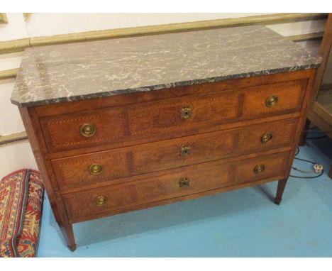 COMMODE, late 19th century Italian walnut with a grey and white veined marble top and three long drawers below having string 