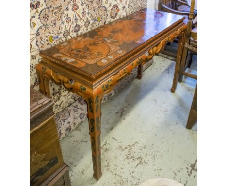 CONSOLE TABLE, Chinese red lacquer, with all over decorative detail, 130cm W x 47cm D x 87cm H.