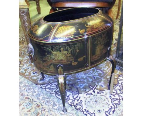 JARDINIERE, Chinoiserie decorated oval toleware with lion mask and ring handles on short slender cabriole supports, 55cm x 52