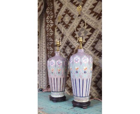 TABLE LAMPS, a pair, by Maitland Smith Art Nouveau design ceramic bases with brass fittings, 80cm H. (2)