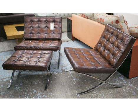 BARCELONA CHAIRS, a pair, piped and buttoned hand finished, leaf brown leather cushions, on chromed X frame supports, 73cm W 