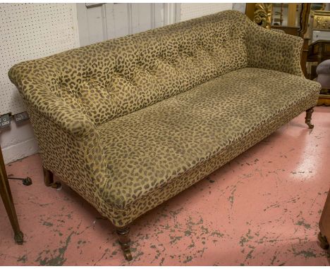 SOFA, Victorian mahogany in chenille leopard patterned fabric, 194cm W. (with faults)