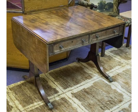 SOFA TABLE, Regency mahogany, with drop flap top above two real and two opposing dummy drawers, 70cm H x 83cm W x 70cm D, 136