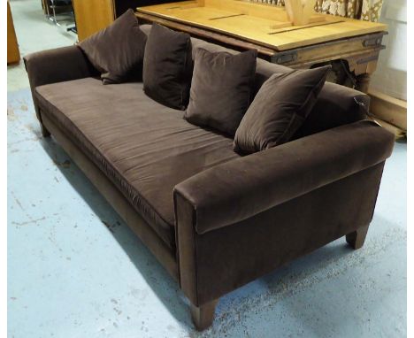 SOFA, of large proportions, with brown velvet upholstery and four scatter cushions, 239cm L.