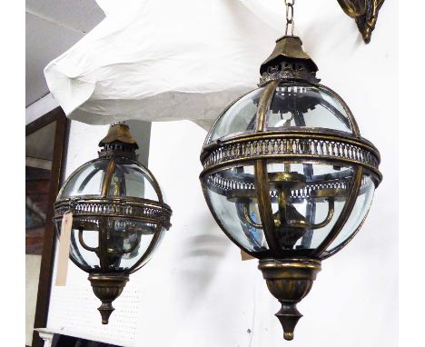 HANGING LANTERNS, a pair, globe style three branch with metal wall brackets, 65cm H. (2)